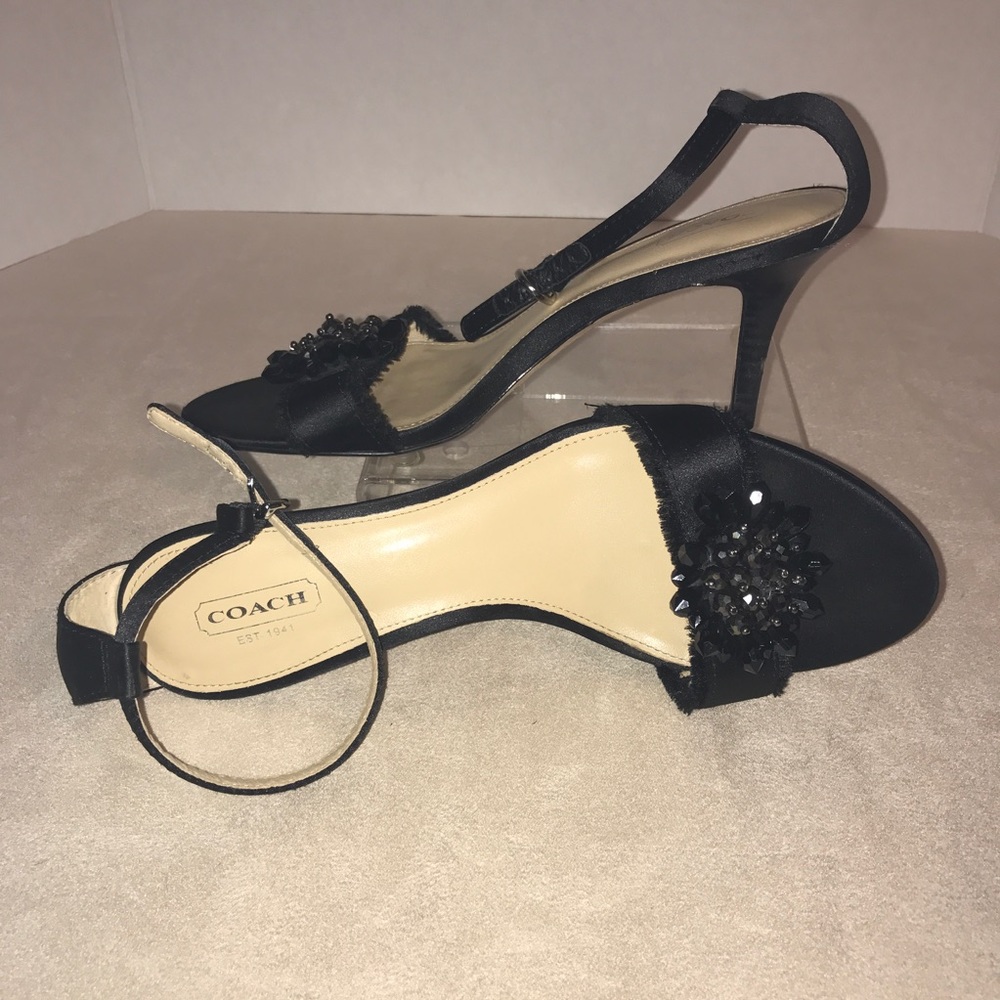 Coach Shoes 8.5 Black Satin Open Toe 3” High Heels Formal Semi Dressy Beaded - Picture 7 of 8